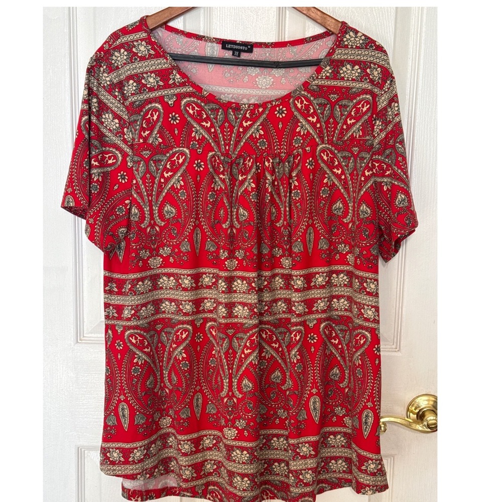 Letdiosto Paisley‎ Tunic Top Womens 3X Red Excellent Short Sleeve Pleated Boho